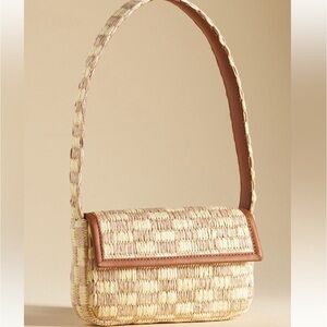 Anthropologie Woven Straw Shoulder Bag with Brown Trim